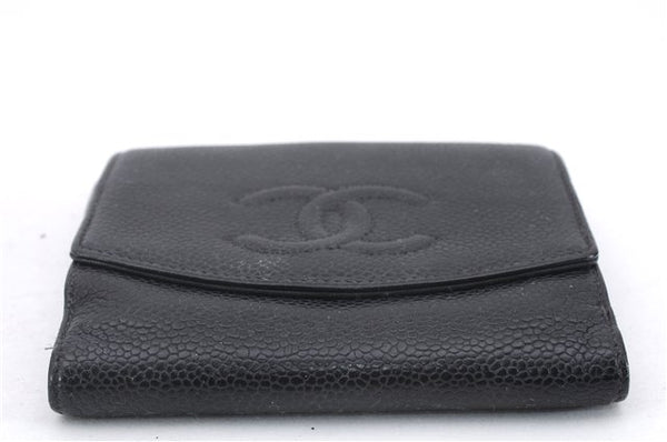 Authentic CHANEL Caviar Skin CC Logo Bifold Wallet Purse Black 9002D