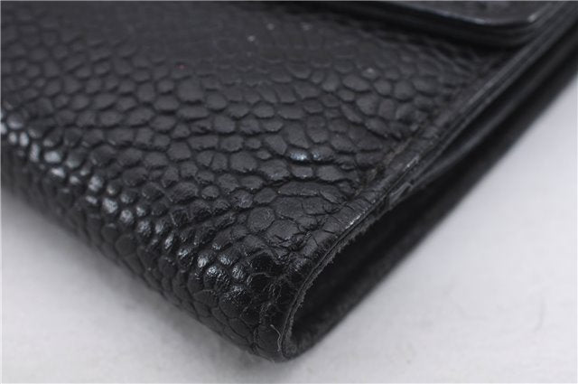 Authentic CHANEL Caviar Skin CC Logo Bifold Wallet Purse Black 9002D