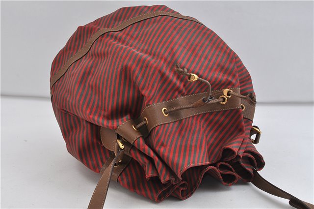 Authentic GUCCI Rigate Line Shoulder Cross Body Bag Canvas Leather Red 9033C