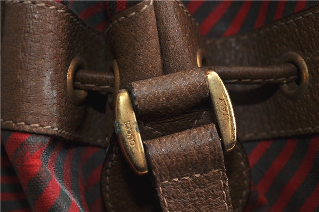 Authentic GUCCI Rigate Line Shoulder Cross Body Bag Canvas Leather Red 9033C