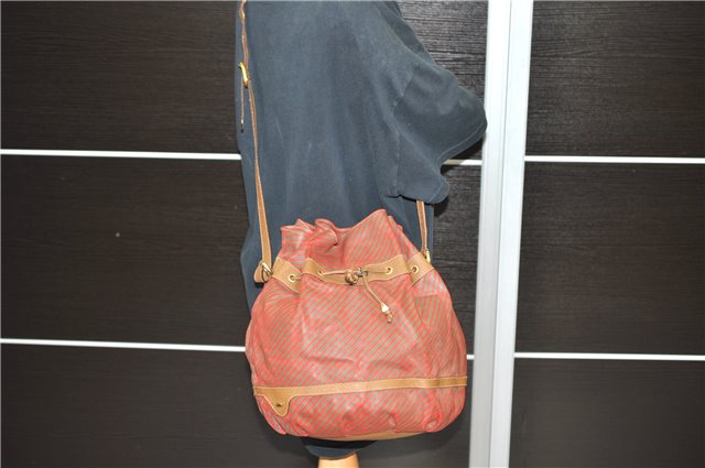 Authentic GUCCI Rigate Line Shoulder Cross Body Bag Canvas Leather Red 9033C