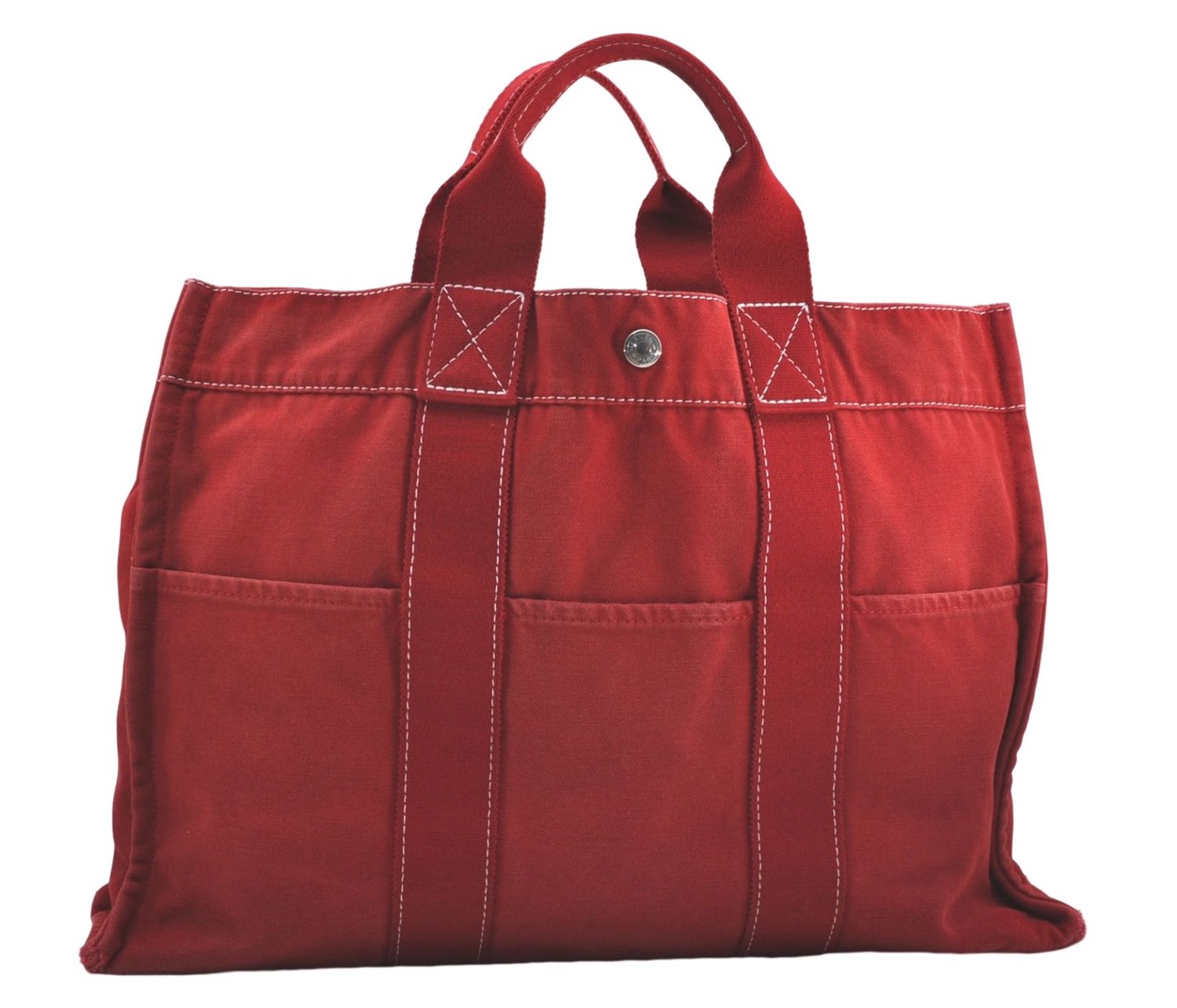 Authentic HERMES Deauville MM Hand Tote Bag Canvas Red 9038D