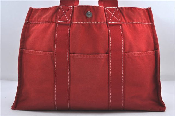 Authentic HERMES Deauville MM Hand Tote Bag Canvas Red 9038D