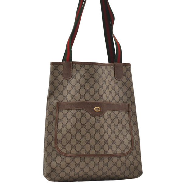 Authentic GUCCI Web Sherry Line Shoulder Tote Bag GG PVC Leather Brown 9046D