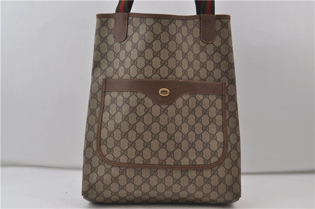 Authentic GUCCI Web Sherry Line Shoulder Tote Bag GG PVC Leather Brown 9046D