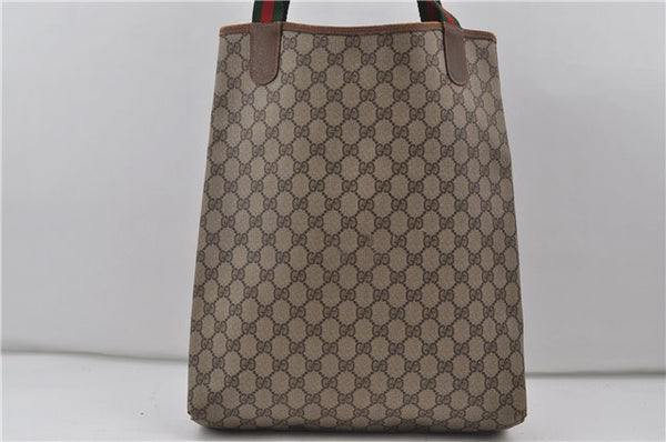 Authentic GUCCI Web Sherry Line Shoulder Tote Bag GG PVC Leather Brown 9046D