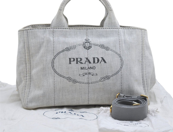 Authentic PRADA Canapa M Canvas 2Way Tote Hand Bag Light Gray 9051D