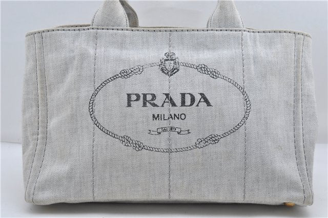 Authentic PRADA Canapa M Canvas 2Way Tote Hand Bag Light Gray 9051D