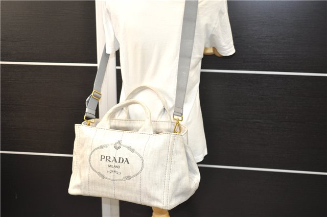 Authentic PRADA Canapa M Canvas 2Way Tote Hand Bag Light Gray 9051D