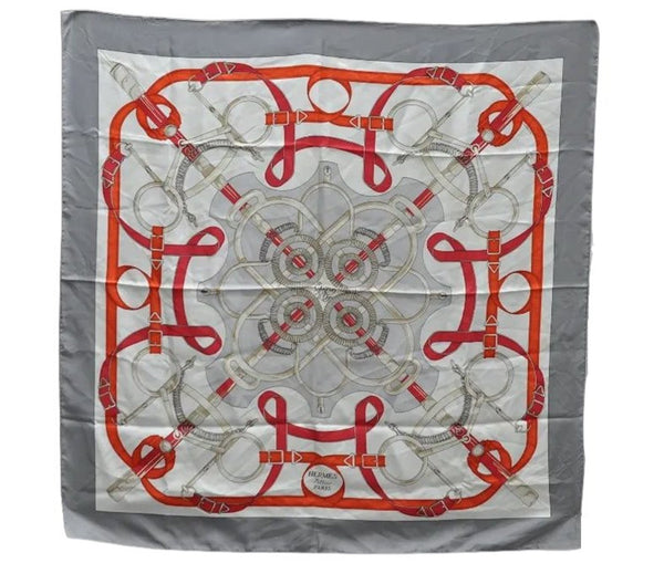 Authentic HERMES Carre 90 Scarf "Eperon D'Or" Silk Gray 9061D