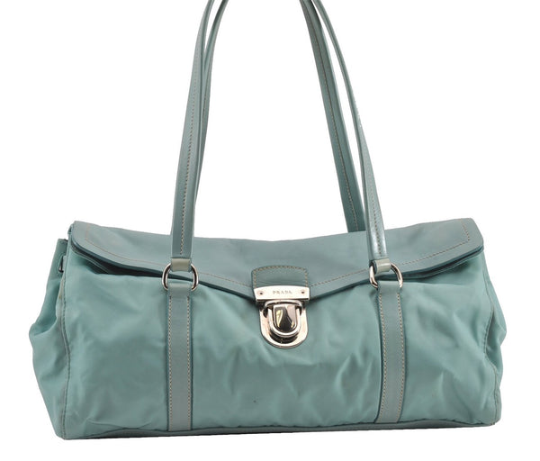 Authentic PRADA Nylon Tessuto Leather Shoulder Hand Bag Purse Light Blue 9066F