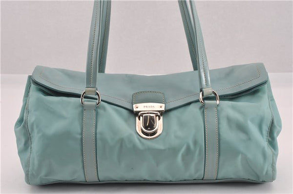Authentic PRADA Nylon Tessuto Leather Shoulder Hand Bag Purse Light Blue 9066F