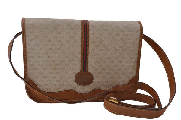 Auth GUCCI Web Sherry Line Micro GG Shoulder Cross Bag PVC Leather Beige 9070D