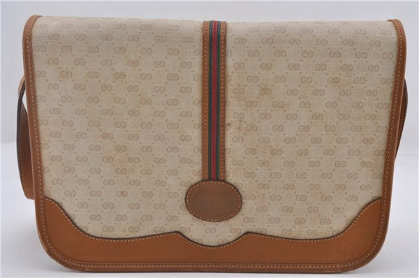 Auth GUCCI Web Sherry Line Micro GG Shoulder Cross Bag PVC Leather Beige 9070D