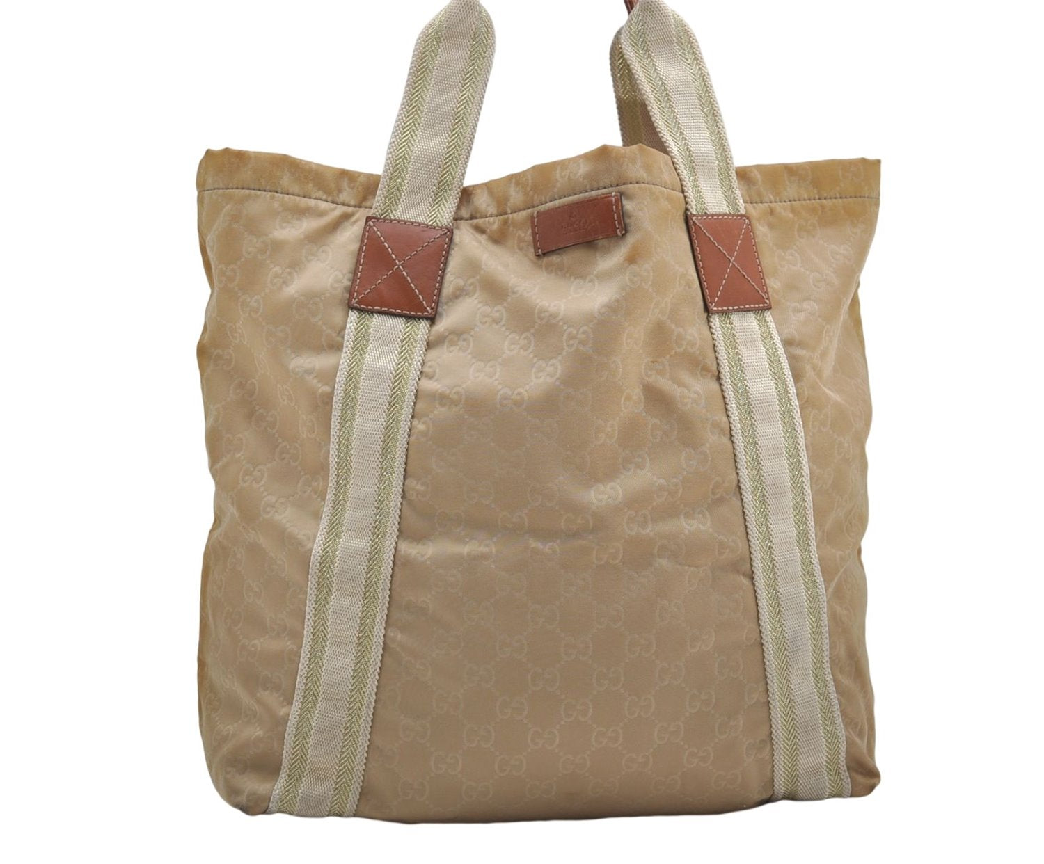 Authentic GUCCI Shoulder Tote Bag GG Nylon Leather 189669 Beige Brown 9077D