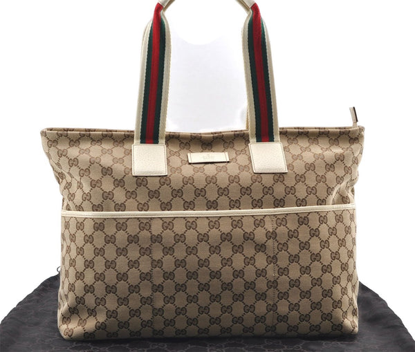 Authentic GUCCI Web Sherry Line Tote Bag GG Canvas Leather 155524 Brown 9082D