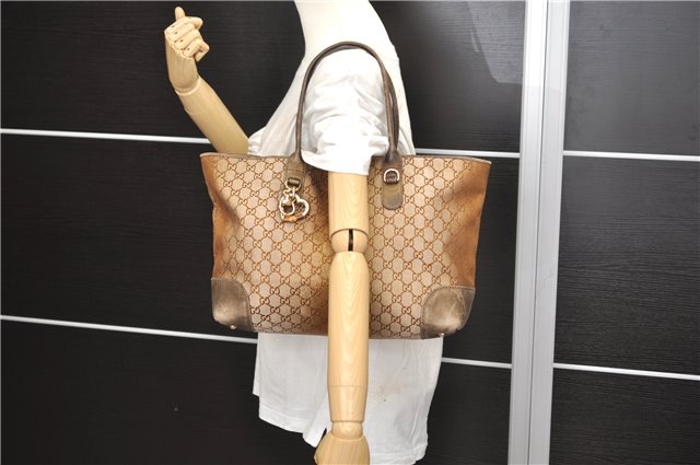 Auth GUCCI Heart Bit Shoulder Tote Bag GG Canvas Leather 269956 Brown Gold 9095D