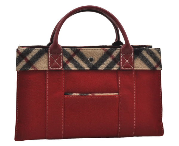 Authentic BURBERRY BLUE LABEL Hand Bag Polyester Leather Red Beige 9104D