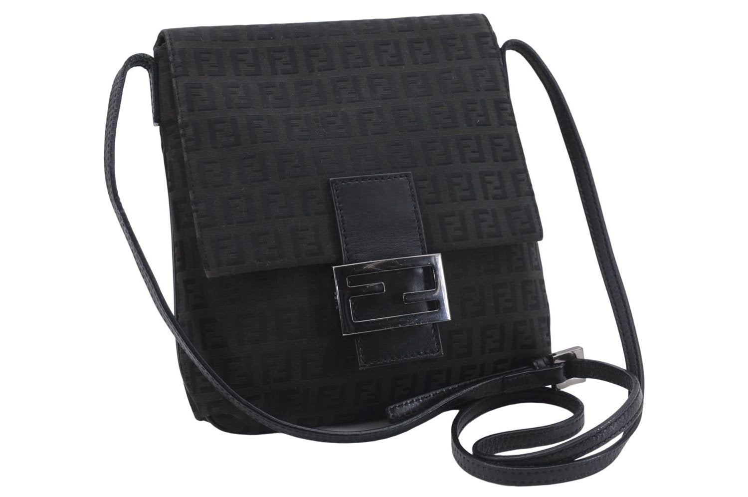 Authentic FENDI Zucchino Shoulder Cross Body Bag Canvas Leather Black 9117D