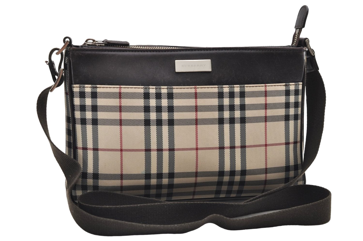 Authentic BURBERRY Nova Check Canvas Leather Shoulder Cross Body Bag Beige 9119D