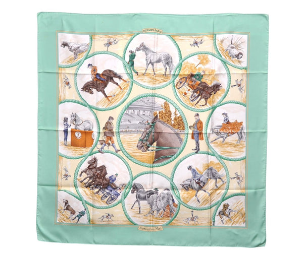 Authentic HERMES Carre 90 Scarf "Auteuil Mai" Silk Green 9130D