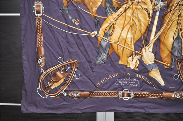 Authentic HERMES Carre 90 Scarf "ATTELAGE EN ARBALETE" Silk Purple 9142D