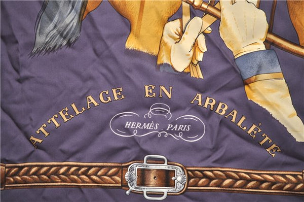 Authentic HERMES Carre 90 Scarf "ATTELAGE EN ARBALETE" Silk Purple 9142D