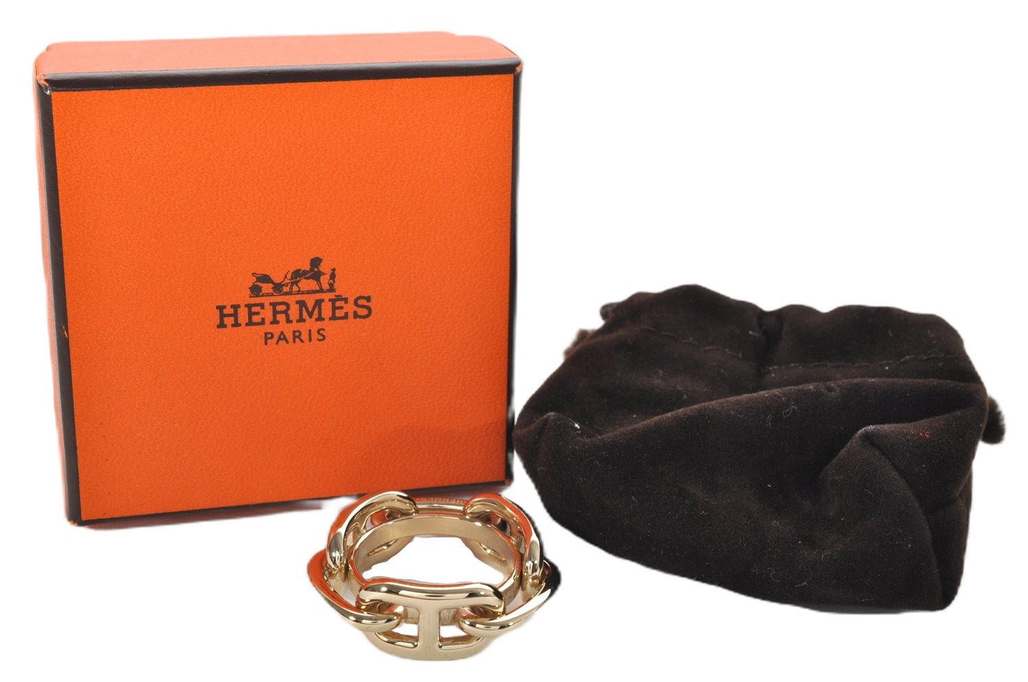 Authentic HERMES Scarf Ring Chaine d'Ancre Chain Design Gold Tone Box 9151E