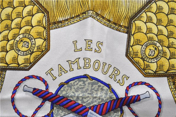 Authentic HERMES Carre 90 Scarf "LES TAMBOURS" Silk Blue 9160D