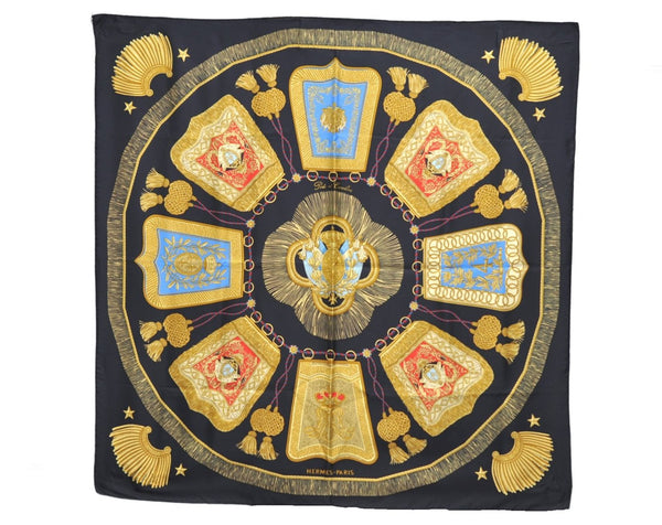 Authentic HERMES Carre 90 Scarf "Poste et Cavalerie" Silk Black 9166D