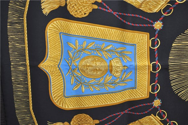 Authentic HERMES Carre 90 Scarf "Poste et Cavalerie" Silk Black 9166D