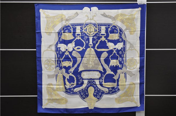 Authentic HERMES Carre 90 Scarf "ETRIERS" Silk Blue 9167D