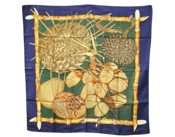 Authentic HERMES Carre 90 Scarf "Jardin Creole" Silk Navy 9169D