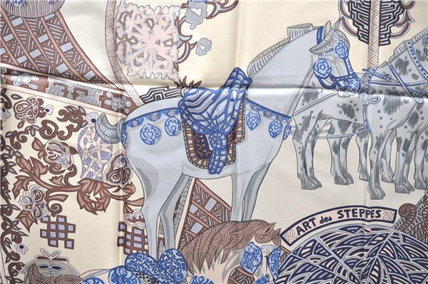 Authentic HERMES Carre 90 Scarf "ART des STEPPES" Silk Blue 9169E