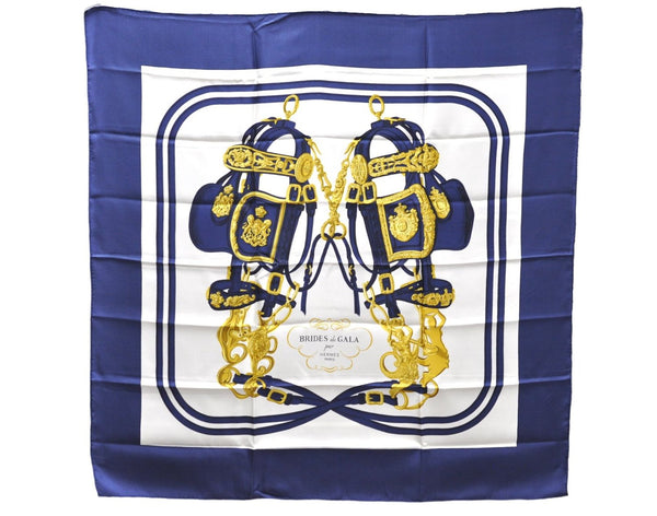 Authentic HERMES Carre 90 Scarf "BRIDES de GALA par" Silk Navy Paper Bag 9170D