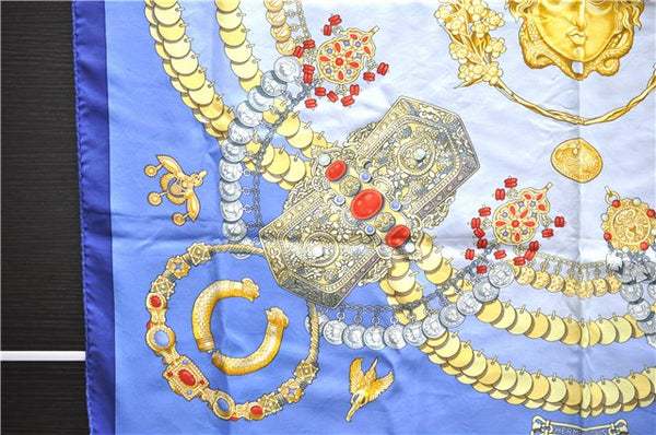 Authentic HERMES Carre 90 Scarf "KOSMIMA" Silk Blue 9172D