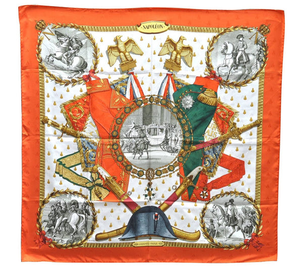 Authentic HERMES Carre 90 Scarf "NAPOLEON" Silk Orange 9179C