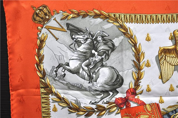 Authentic HERMES Carre 90 Scarf "NAPOLEON" Silk Orange 9179C