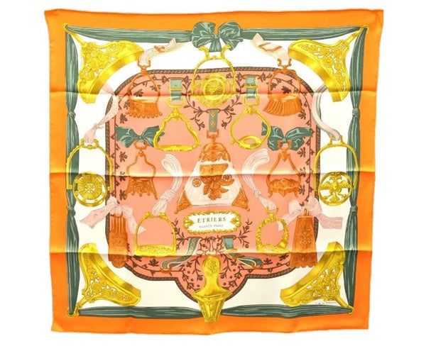 Authentic HERMES Carre 65 Scarf "ETRIERS" Silk Orange Box 9194D