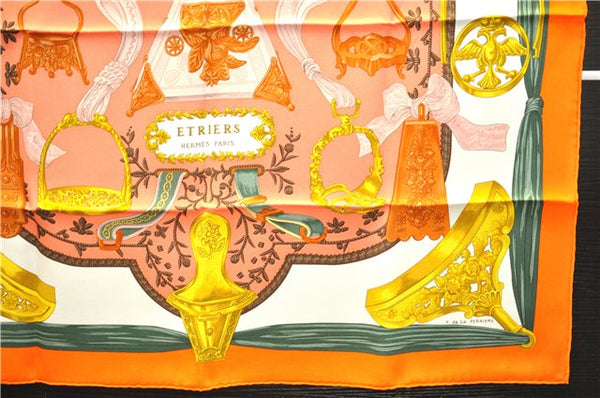 Authentic HERMES Carre 65 Scarf "ETRIERS" Silk Orange Box 9194D