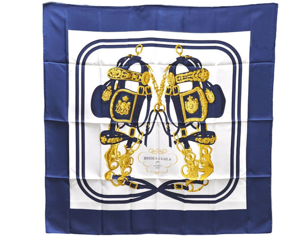 Authentic HERMES Carre 90 Scarf "BRIDES de GALA par" Silk Navy Paper Bag 9196D