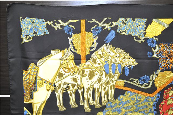 Authentic HERMES Carre 90 Scarf "ART DES STEPPES" Silk Black 9199D