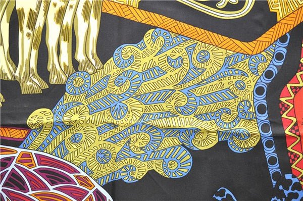 Authentic HERMES Carre 90 Scarf "ART DES STEPPES" Silk Black 9199D