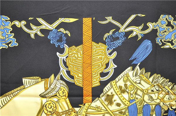 Authentic HERMES Carre 90 Scarf "ART DES STEPPES" Silk Black 9199D