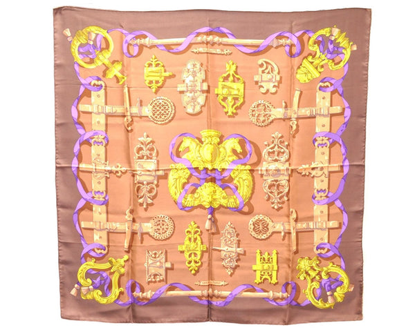 Authentic HERMES Carre 90 Scarf "FERRONNERIE" Silk Brown 9200D