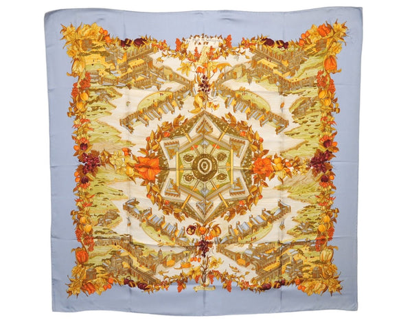 Authentic HERMES Carre 90 Scarf "Au Pays de Cocagne" Silk Light Blue 9201D