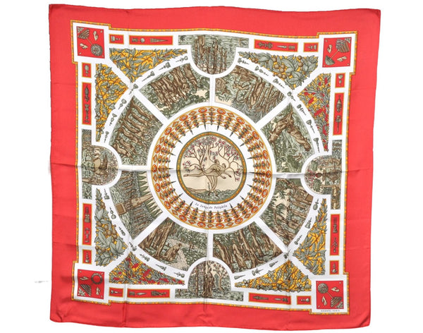 Authentic HERMES Carre 90 Scarf "Le Songe de Poliphile" Silk Red 9236D