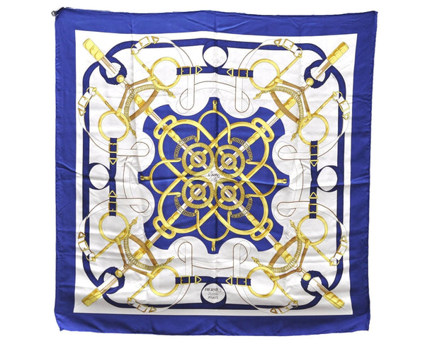 Authentic HERMES Carre 90 Scarf "Eperon d'or" Silk Blue 9237D