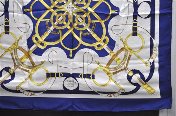 Authentic HERMES Carre 90 Scarf "Eperon d'or" Silk Blue 9237D