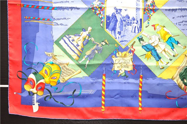 Auth HERMES Carre 90 Scarf "LE CARNAVAL DE VENISE" Silk Blue Red Paper Bag 9243D